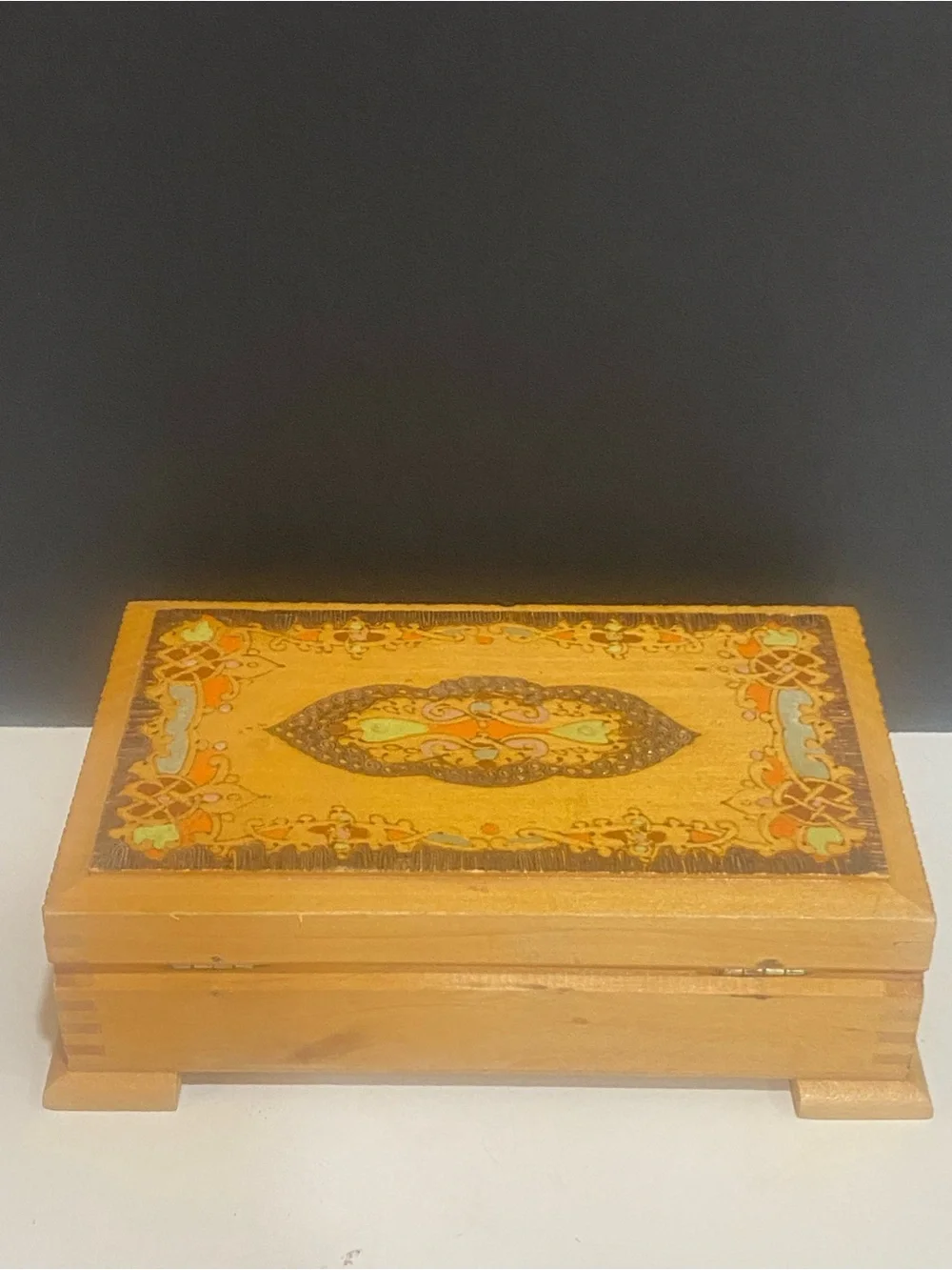 Vintage Bulgarian folk art pyrography wooden box